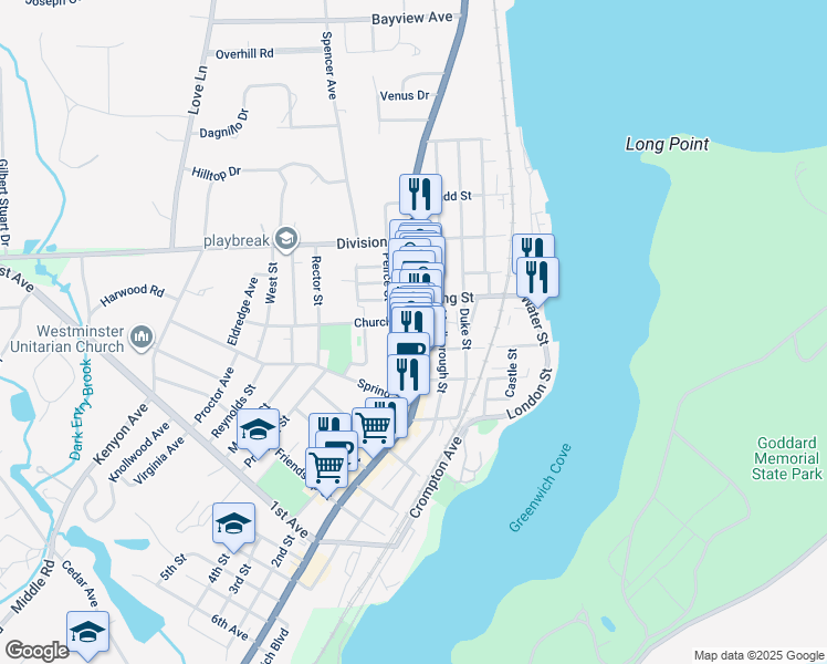 map of restaurants, bars, coffee shops, grocery stores, and more near 10 Queen Street in East Greenwich