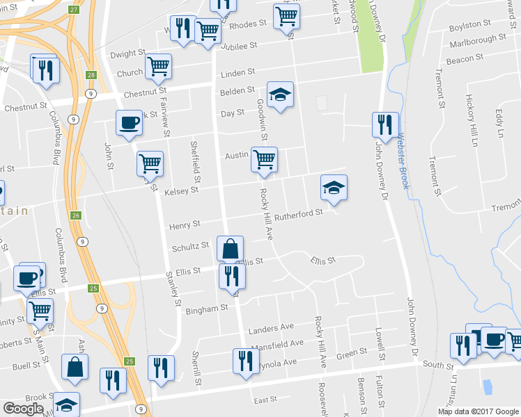 map of restaurants, bars, coffee shops, grocery stores, and more near 58 Rocky Hill Avenue in New Britain
