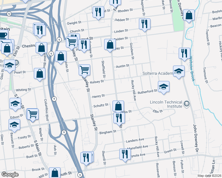 map of restaurants, bars, coffee shops, grocery stores, and more near 98 Henry Street in New Britain