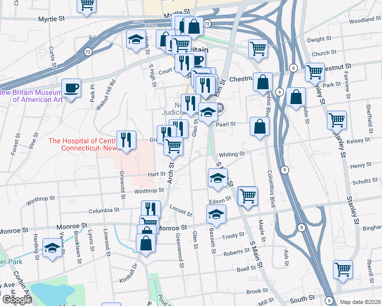 map of restaurants, bars, coffee shops, grocery stores, and more near 56 Whiting Street in New Britain