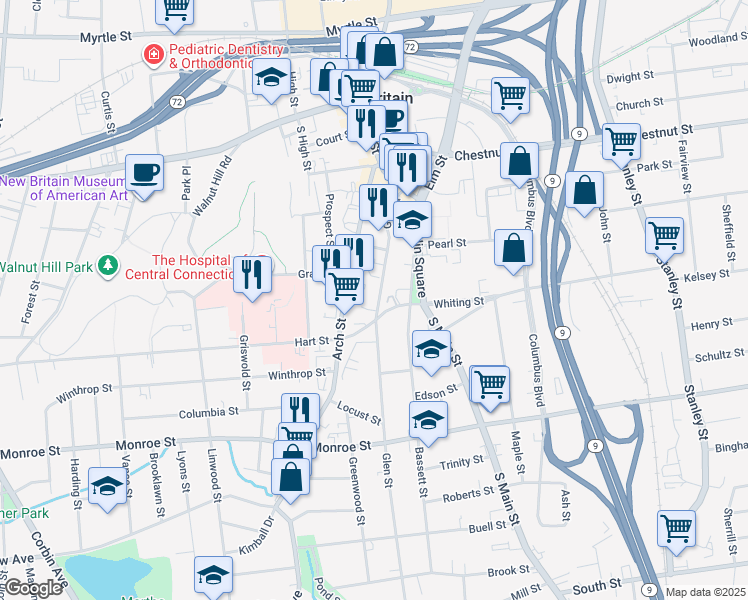 map of restaurants, bars, coffee shops, grocery stores, and more near 56 Whiting Street in New Britain