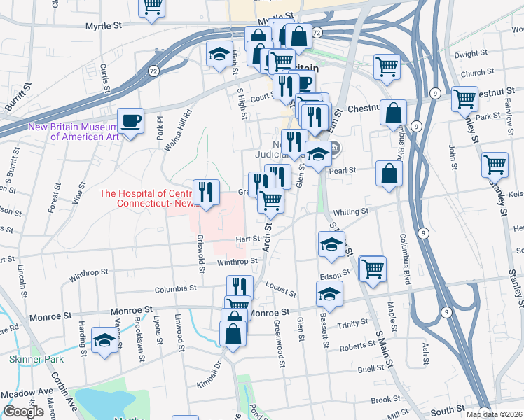 map of restaurants, bars, coffee shops, grocery stores, and more near 354 Arch Street in New Britain