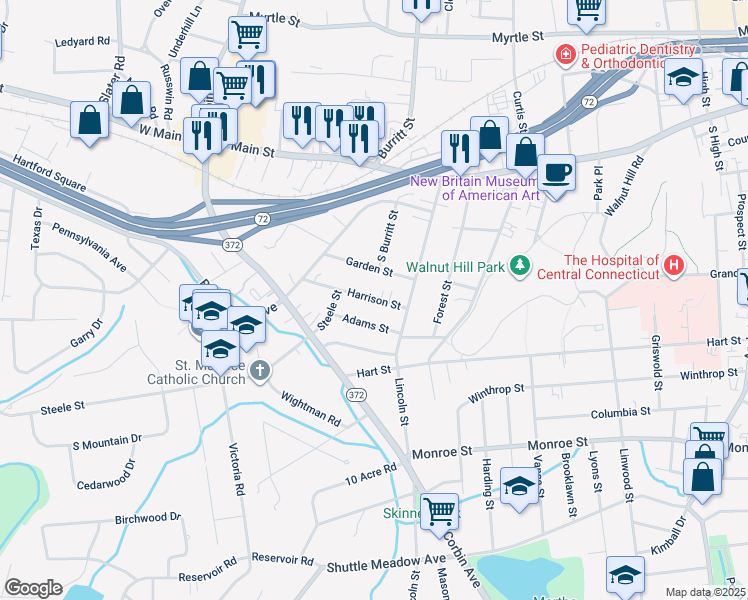 map of restaurants, bars, coffee shops, grocery stores, and more near 34 Harrison Street in New Britain