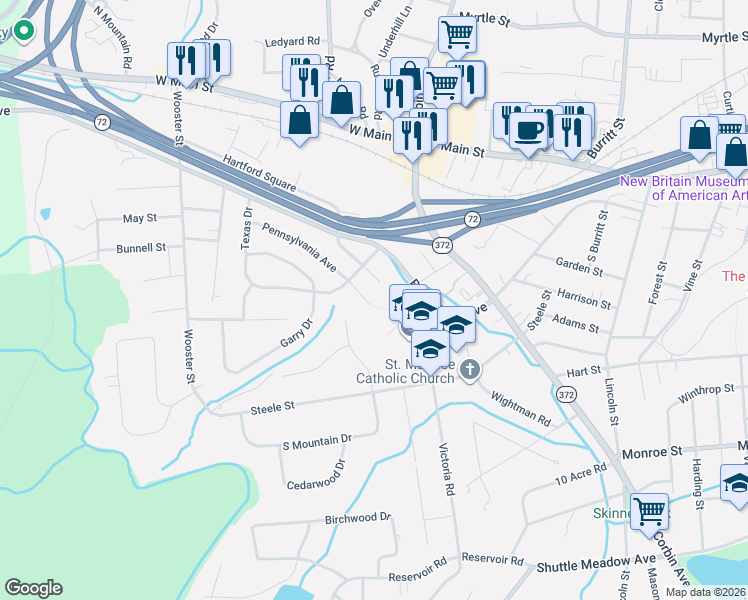 map of restaurants, bars, coffee shops, grocery stores, and more near 5 Pennsylvania Avenue in New Britain