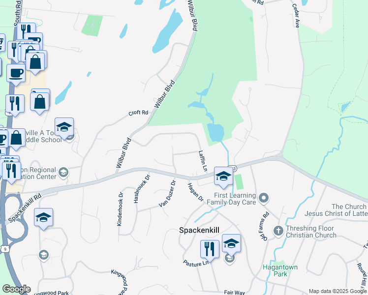 map of restaurants, bars, coffee shops, grocery stores, and more near 1 Bayberry Lane in Poughkeepsie