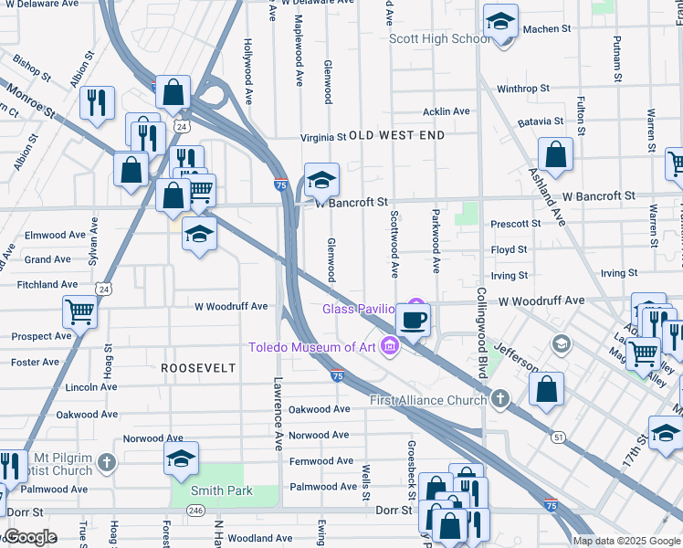 map of restaurants, bars, coffee shops, grocery stores, and more near 2024 Glenwood in Toledo
