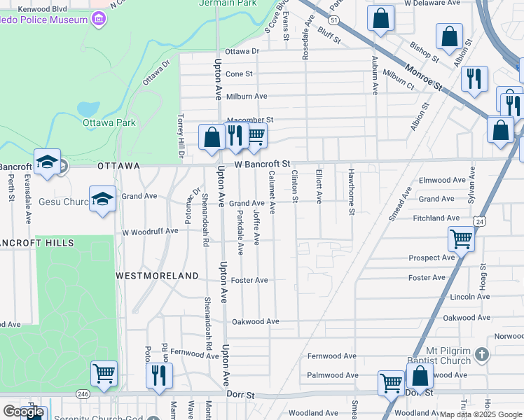 map of restaurants, bars, coffee shops, grocery stores, and more near 2036 Joffre Avenue in Toledo