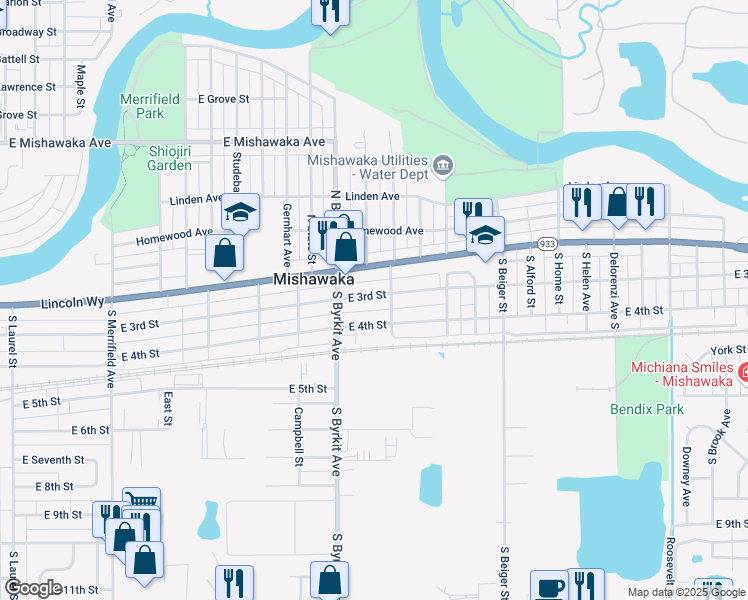 map of restaurants, bars, coffee shops, grocery stores, and more near 251-299 South Victoria Street in Mishawaka