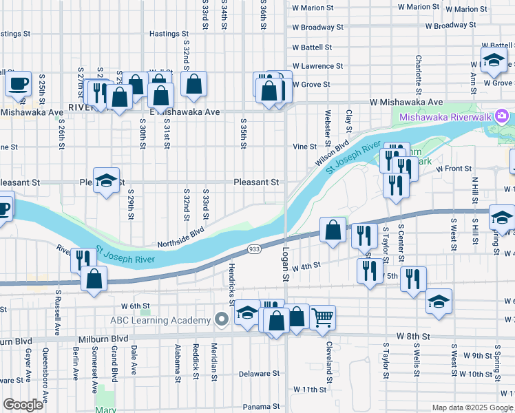 map of restaurants, bars, coffee shops, grocery stores, and more near 3610 Northside Boulevard in South Bend
