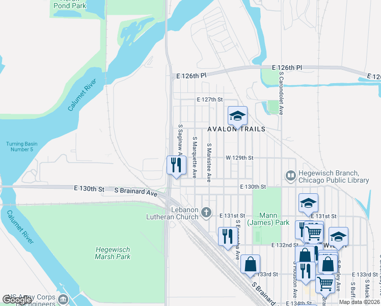 map of restaurants, bars, coffee shops, grocery stores, and more near 12901 South Marquette Avenue in Chicago