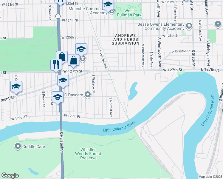map of restaurants, bars, coffee shops, grocery stores, and more near 500 West 128th Place in Chicago