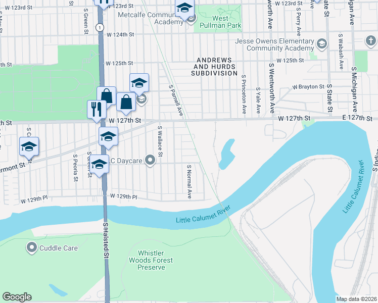 map of restaurants, bars, coffee shops, grocery stores, and more near 500 West 128th Place in Chicago
