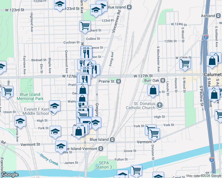 map of restaurants, bars, coffee shops, grocery stores, and more near 12759 Irving Avenue in Blue Island