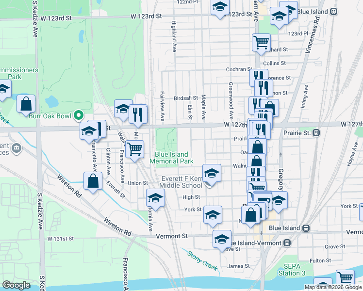 map of restaurants, bars, coffee shops, grocery stores, and more near 12761 Highland Avenue in Blue Island