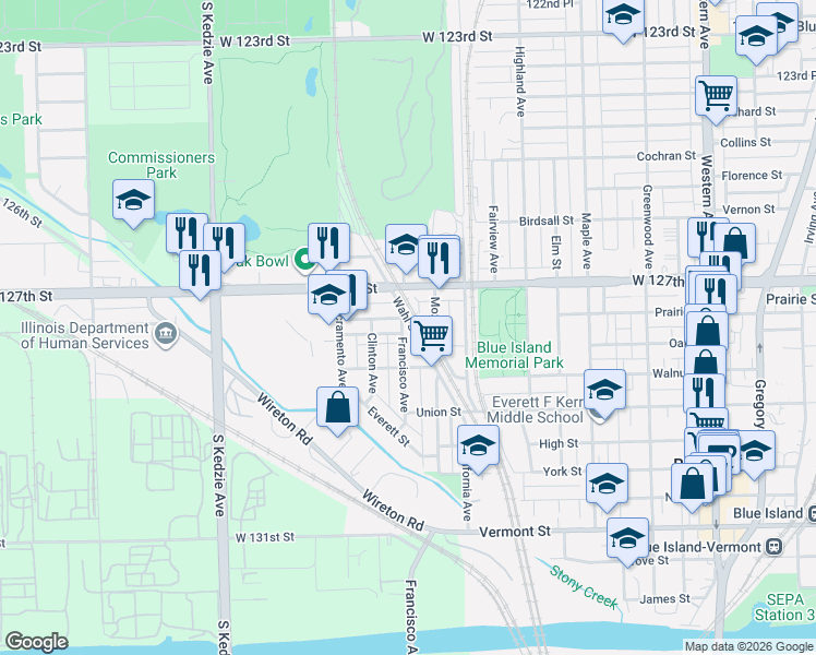 map of restaurants, bars, coffee shops, grocery stores, and more near 12749 Mozart Street in Blue Island