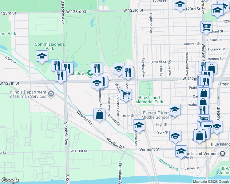 map of restaurants, bars, coffee shops, grocery stores, and more near 12749 Clinton Avenue in Blue Island