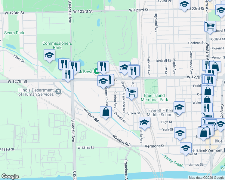 map of restaurants, bars, coffee shops, grocery stores, and more near 12749 Sacramento Avenue in Blue Island
