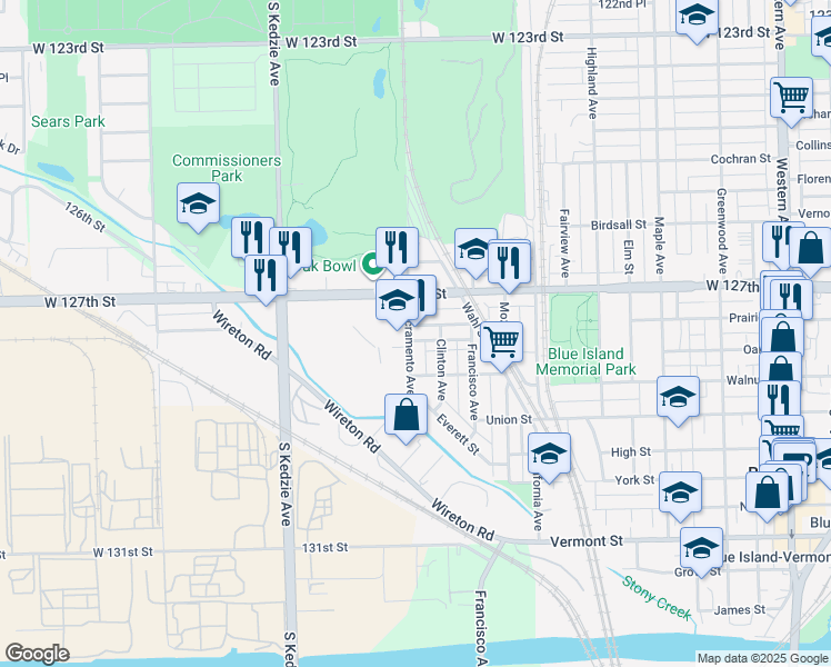 map of restaurants, bars, coffee shops, grocery stores, and more near 12749 Sacramento Avenue in Blue Island