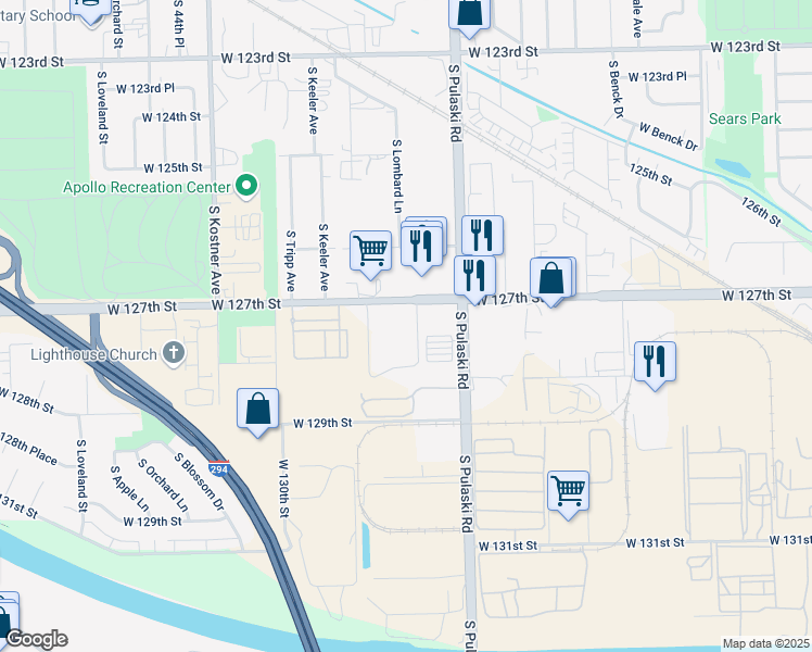 map of restaurants, bars, coffee shops, grocery stores, and more near 4041 West 127th Street in Alsip