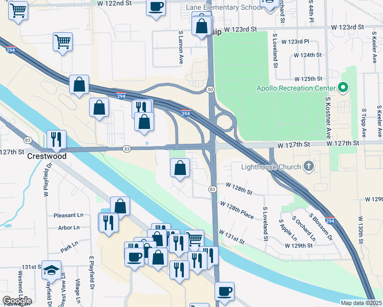map of restaurants, bars, coffee shops, grocery stores, and more near 12724 South La Crosse Avenue in Alsip