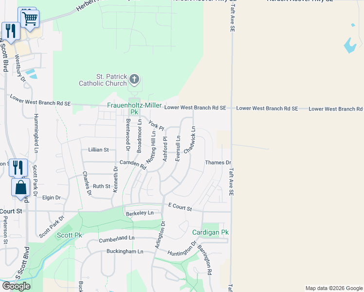 map of restaurants, bars, coffee shops, grocery stores, and more near 108 Chadwick Lane in Iowa City