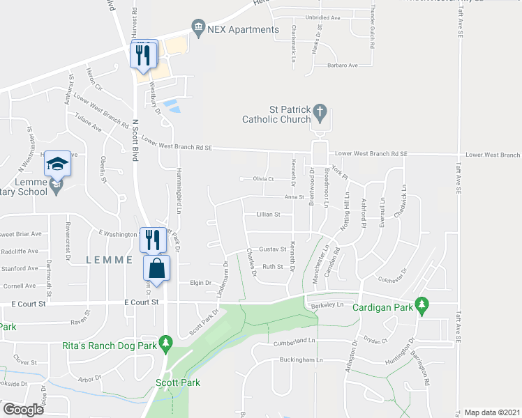 map of restaurants, bars, coffee shops, grocery stores, and more near 4109 Lillian Street in Iowa City