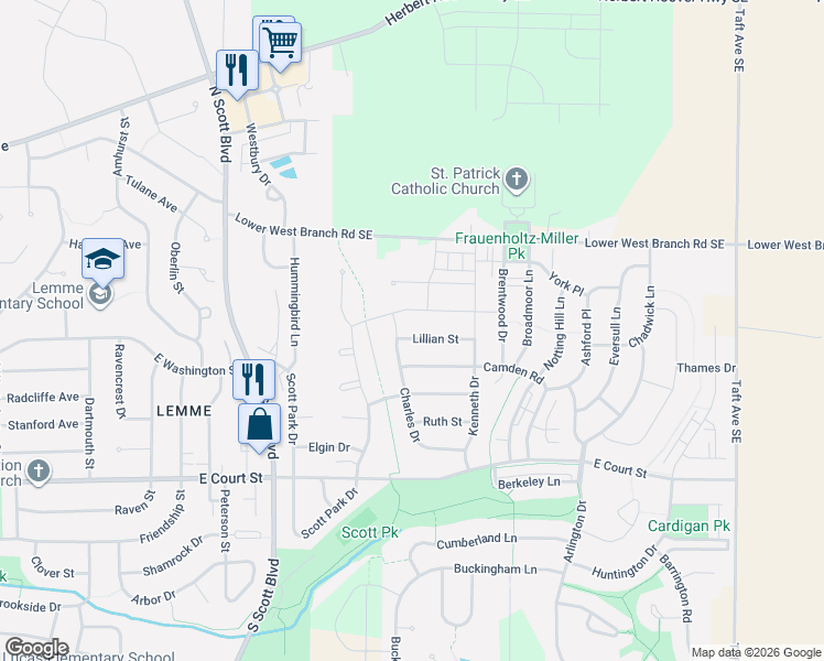 map of restaurants, bars, coffee shops, grocery stores, and more near 4007 Lillian Street in Iowa City