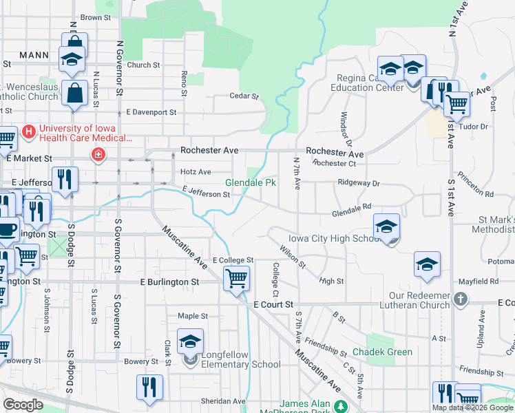 map of restaurants, bars, coffee shops, grocery stores, and more near 2 Glendale Court in Iowa City