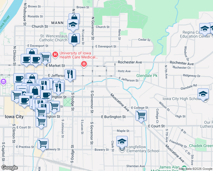 map of restaurants, bars, coffee shops, grocery stores, and more near 943 Iowa Avenue in Iowa City