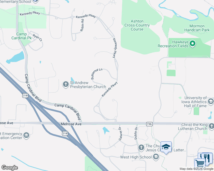 map of restaurants, bars, coffee shops, grocery stores, and more near 201-235 Kennedy Parkway in Iowa City
