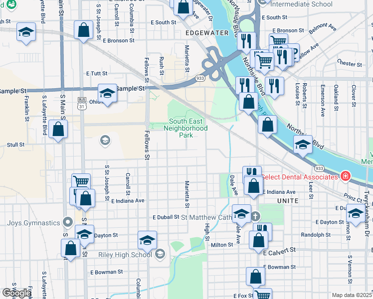 map of restaurants, bars, coffee shops, grocery stores, and more near 701 Pennsylvania Avenue in South Bend