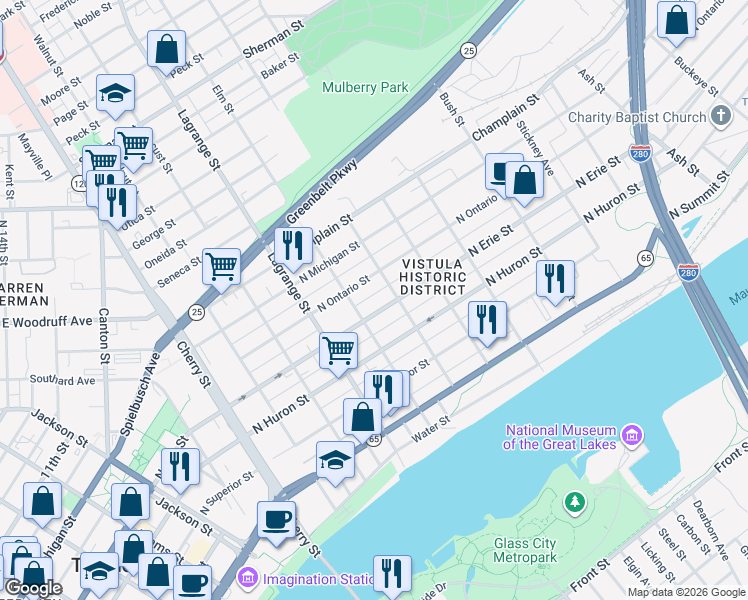 map of restaurants, bars, coffee shops, grocery stores, and more near 1121 North Erie Street in Toledo