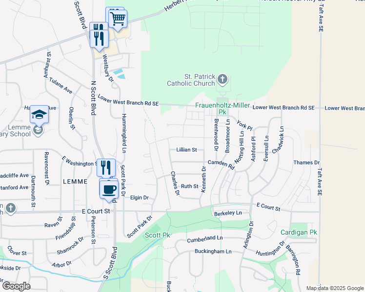 map of restaurants, bars, coffee shops, grocery stores, and more near 4068 Lillian Street in Iowa City