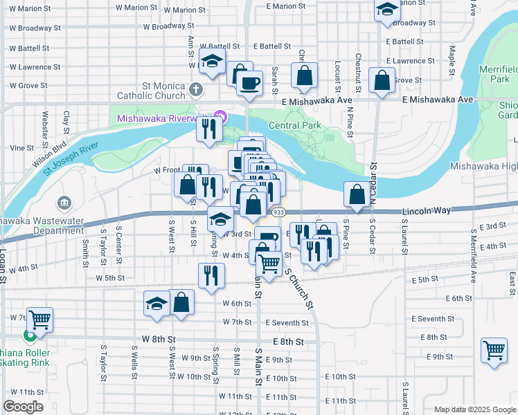 map of restaurants, bars, coffee shops, grocery stores, and more near 100 Lincolnway East in Mishawaka