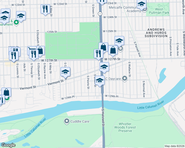map of restaurants, bars, coffee shops, grocery stores, and more near 843 West Vermont Avenue in Chicago