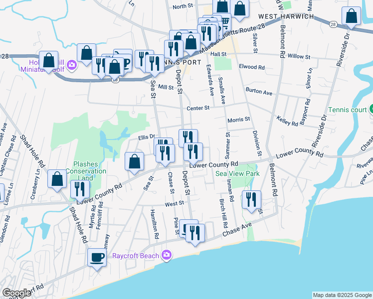 map of restaurants, bars, coffee shops, grocery stores, and more near 110 Depot Street in Dennis