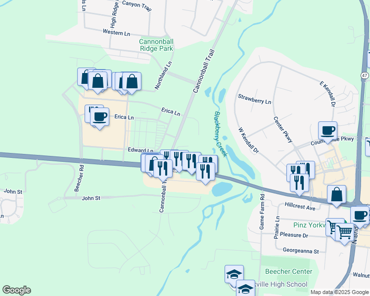 map of restaurants, bars, coffee shops, grocery stores, and more near 4040 Cannonball Trail in Yorkville