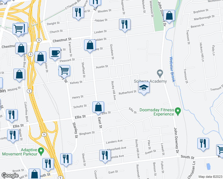 map of restaurants, bars, coffee shops, grocery stores, and more near 41 Rocky Hill Avenue in New Britain