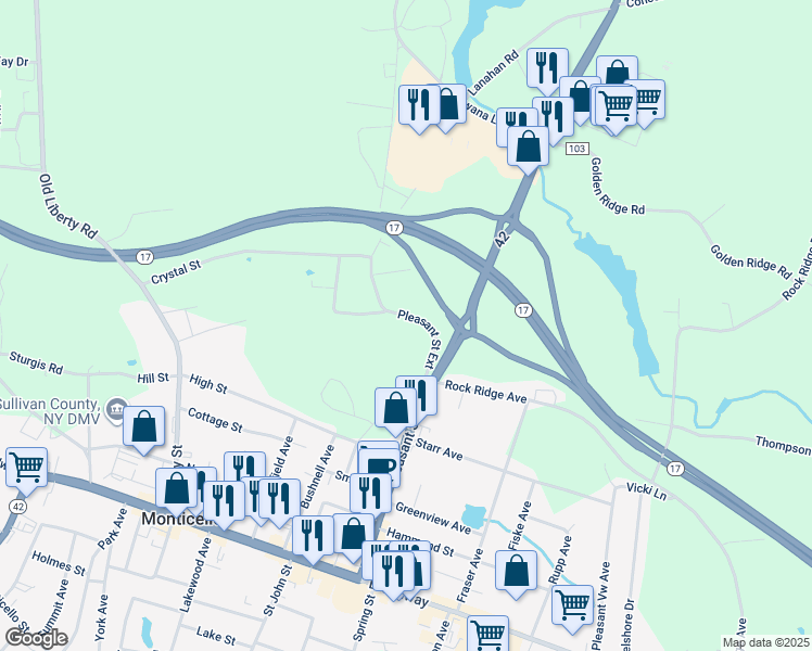 map of restaurants, bars, coffee shops, grocery stores, and more near 109 Pleasant Street Extension in Monticello