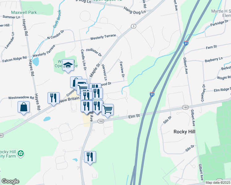map of restaurants, bars, coffee shops, grocery stores, and more near 81 Copper Beech Dr in Rocky Hill