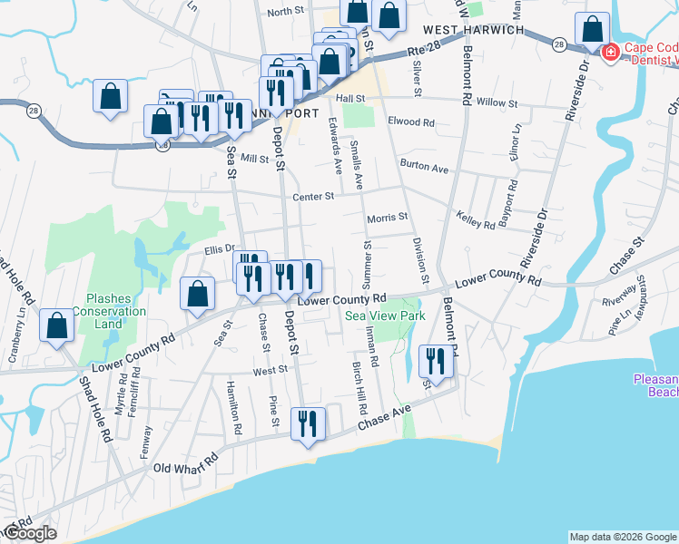 map of restaurants, bars, coffee shops, grocery stores, and more near 10 Manning Road in Dennis