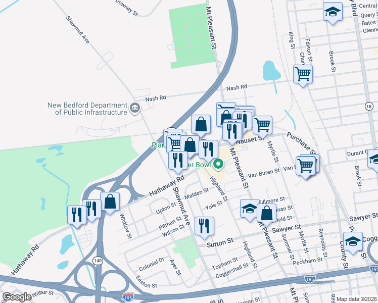 map of restaurants, bars, coffee shops, grocery stores, and more near in New Bedford