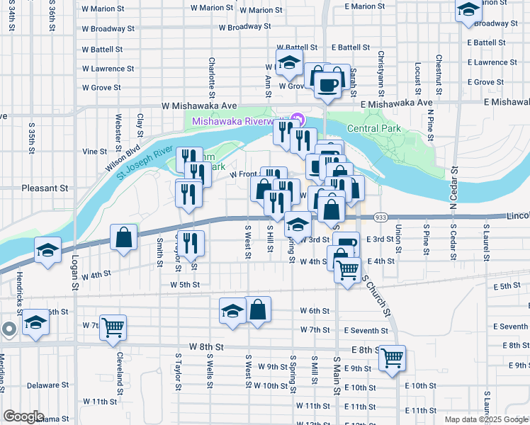 map of restaurants, bars, coffee shops, grocery stores, and more near 402 Lincolnway West in Mishawaka