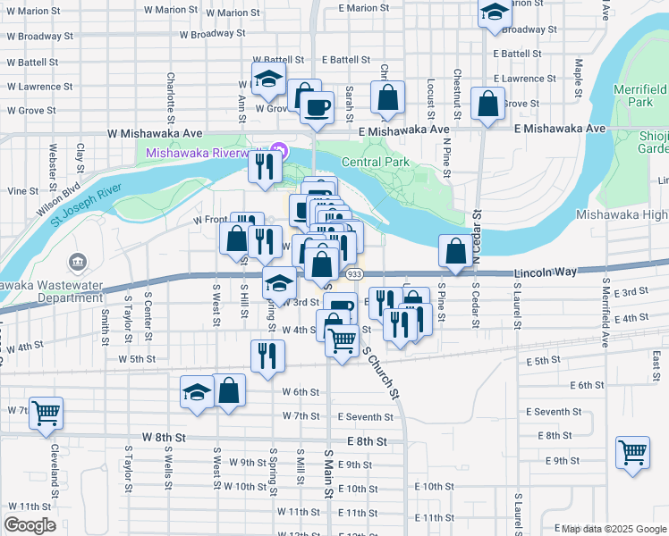 map of restaurants, bars, coffee shops, grocery stores, and more near in Mishawaka