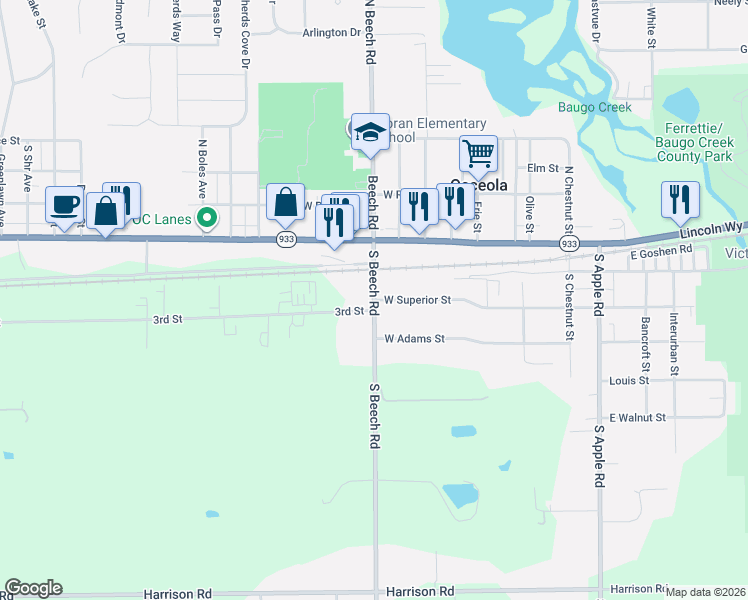 map of restaurants, bars, coffee shops, grocery stores, and more near 1247 3rd Street in Osceola