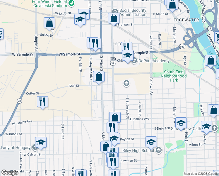 map of restaurants, bars, coffee shops, grocery stores, and more near 1201 South Michigan Street in South Bend