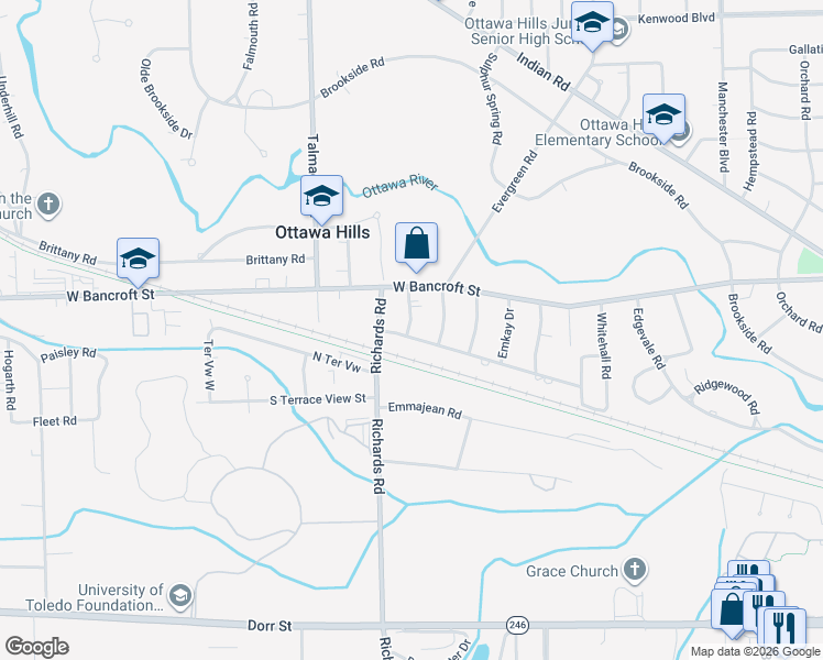 map of restaurants, bars, coffee shops, grocery stores, and more near 4033 Hillandale Road in Toledo