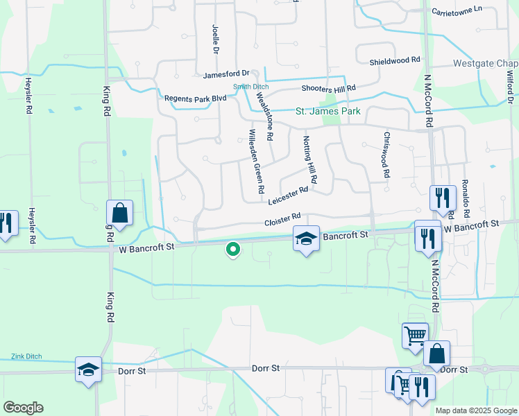 map of restaurants, bars, coffee shops, grocery stores, and more near 7136 Cloister Road in Toledo