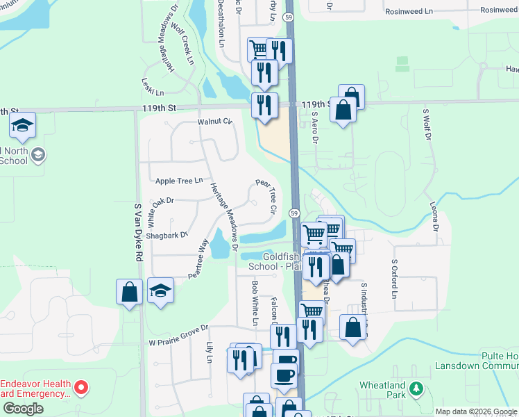 map of restaurants, bars, coffee shops, grocery stores, and more near 24050 Pear Tree Circle in Plainfield