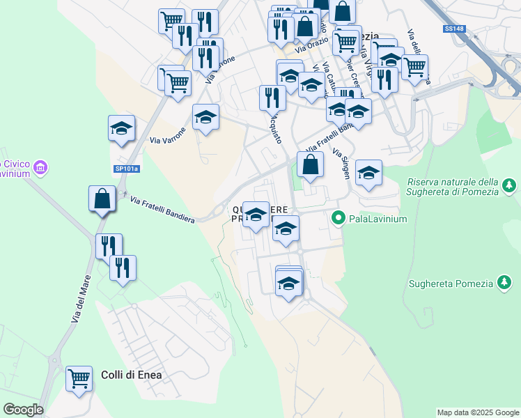 map of restaurants, bars, coffee shops, grocery stores, and more near 42 Via Ugo La Malfa in Pomezia
